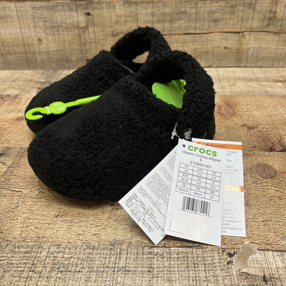 Crocs Classic Cozzzy Slipper Kids Black Clogs Fuzzy Size C12 NEW!